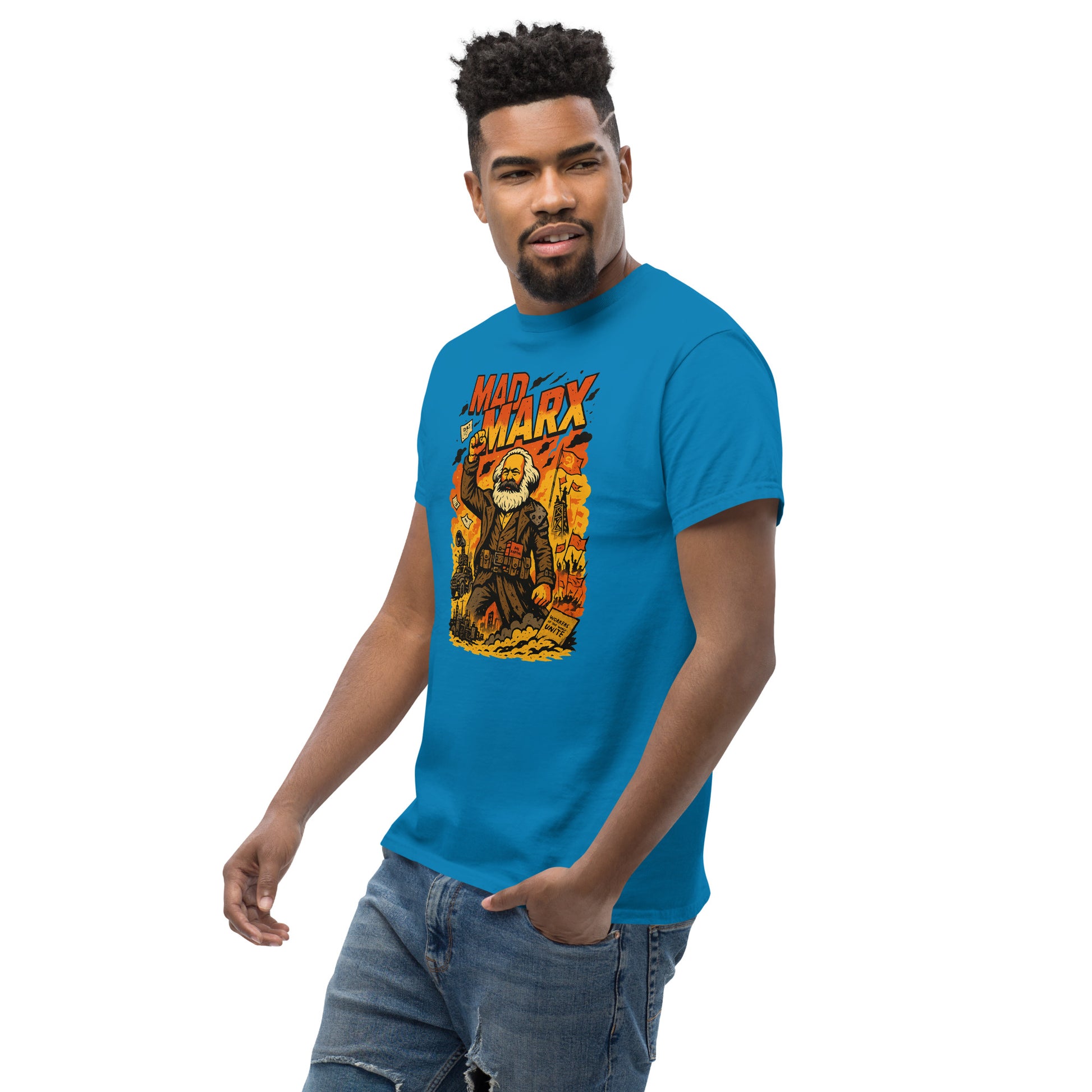 Man wearing a blue t-shirt with a graphic design on a white background