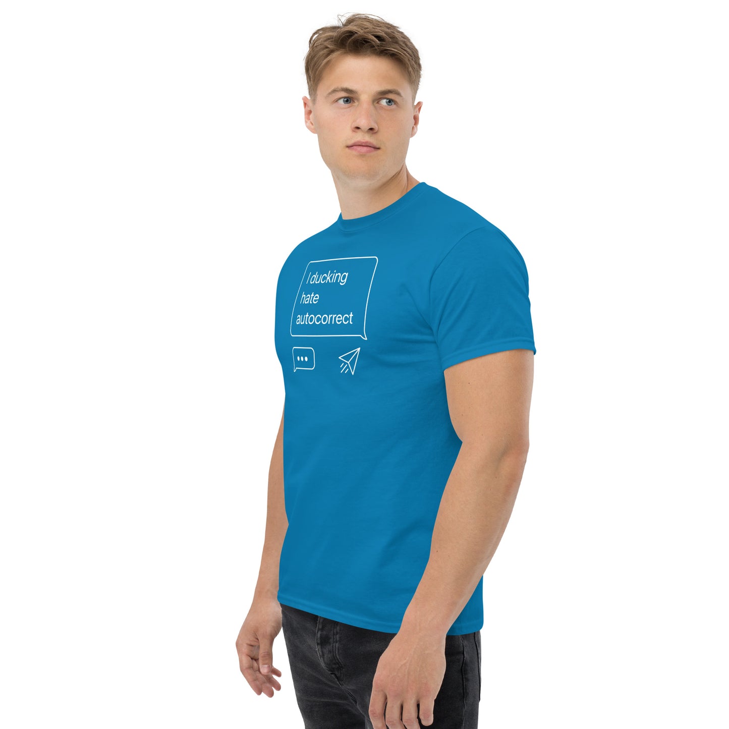 Man wearing a blue t-shirt with a white graphic design on a white background