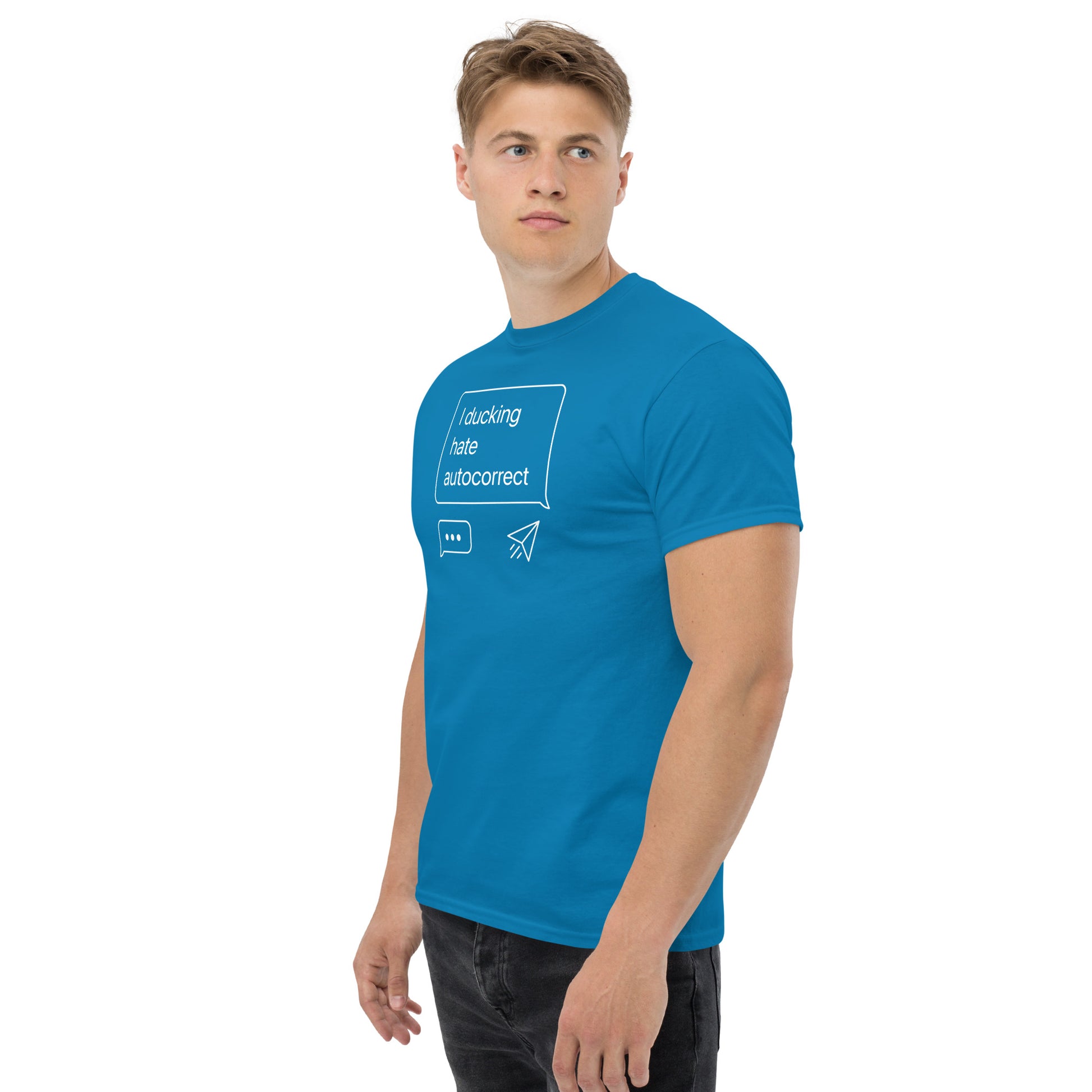 Man wearing a blue t-shirt with a white graphic design on a white background