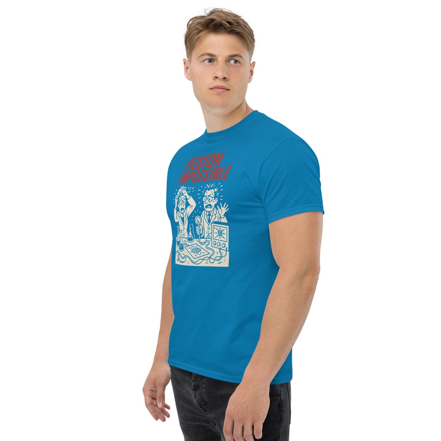Man wearing a blue t-shirt with graphic design on a white background