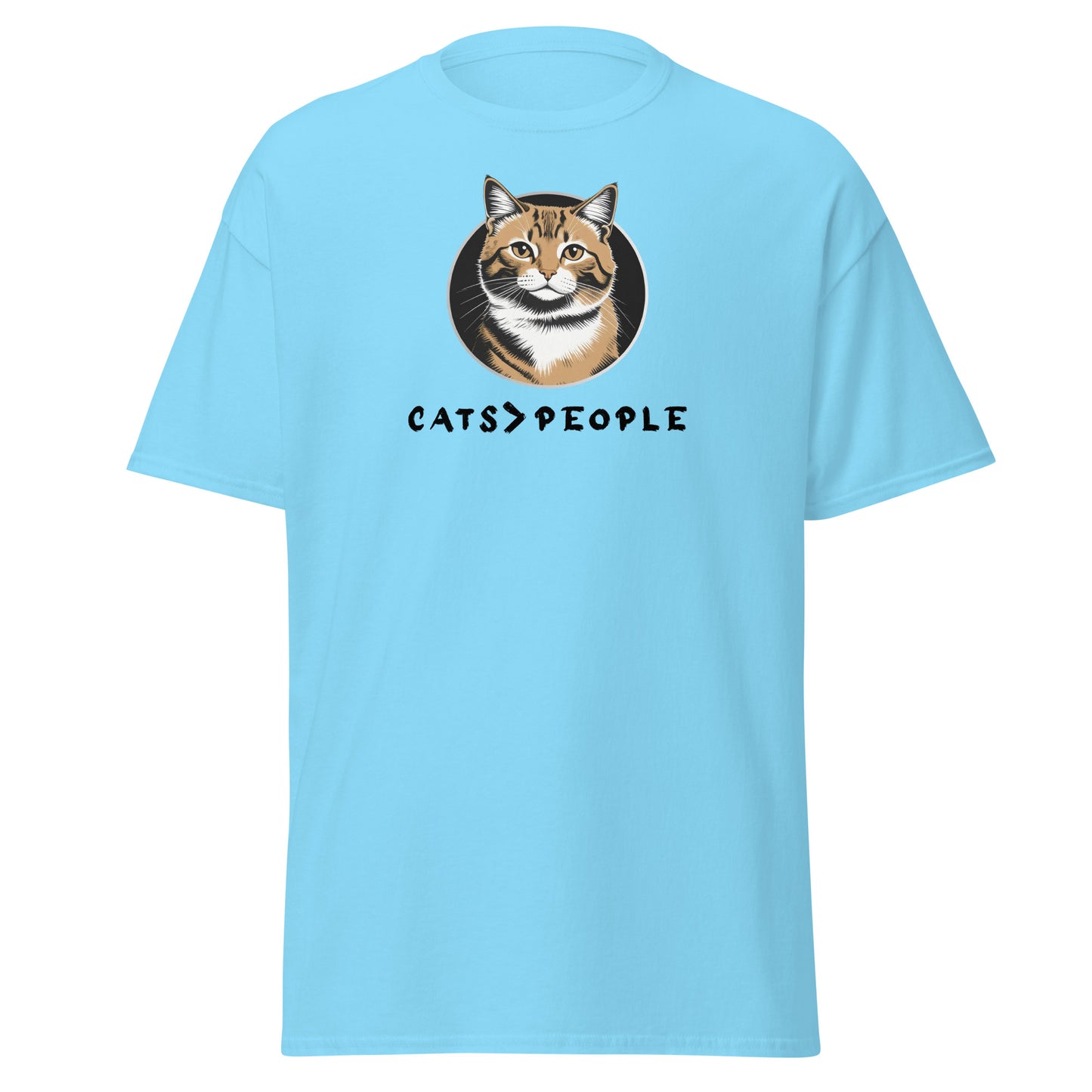 Light blue t-shirt with a cat graphic and 'CATS > PEOPLE' text on a white background