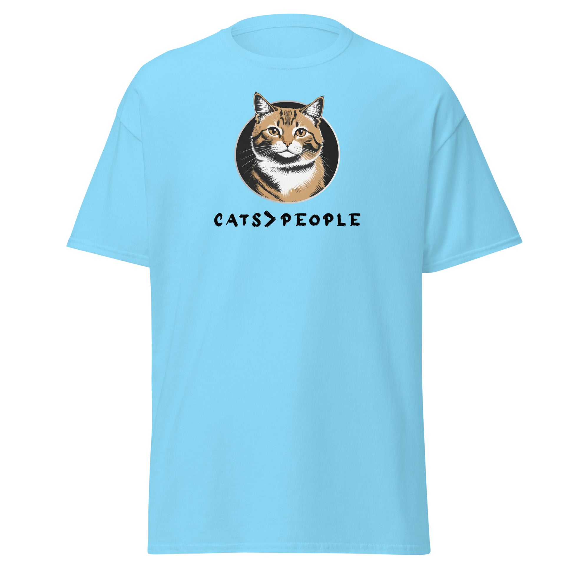 Light blue t-shirt with a cat graphic and 'CATS > PEOPLE' text on a white background