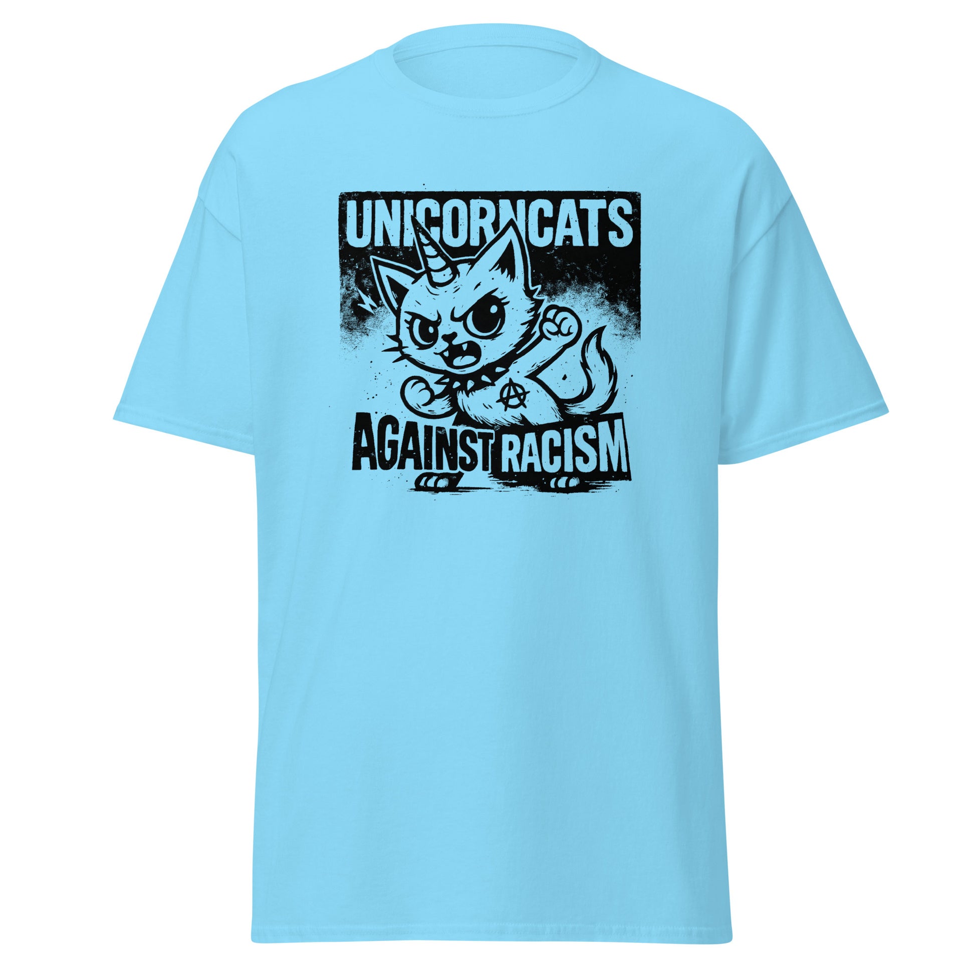 Light blue shirt with a unicorncat and the slogan "Unicorncats against racism"