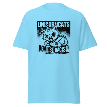 Light blue shirt with a unicorncat and the slogan "Unicorncats against racism"