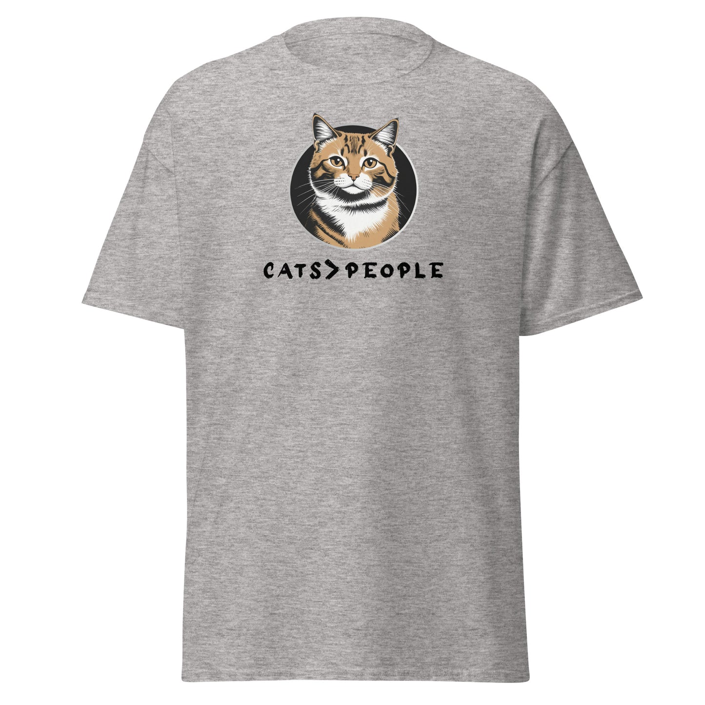 Gray t-shirt with a cat graphic and 'CATS > PEOPLE' text on a white background