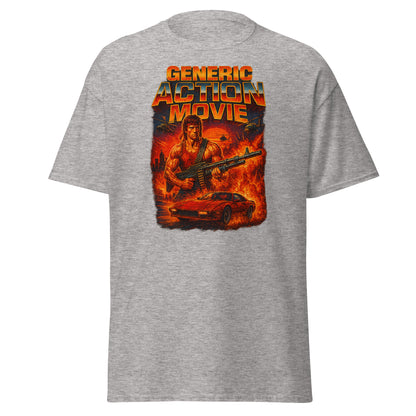 Gray t-shirt with a graphic design of a character holding a gun and a car, labeled 'Generic Action Movie', on a white background.
