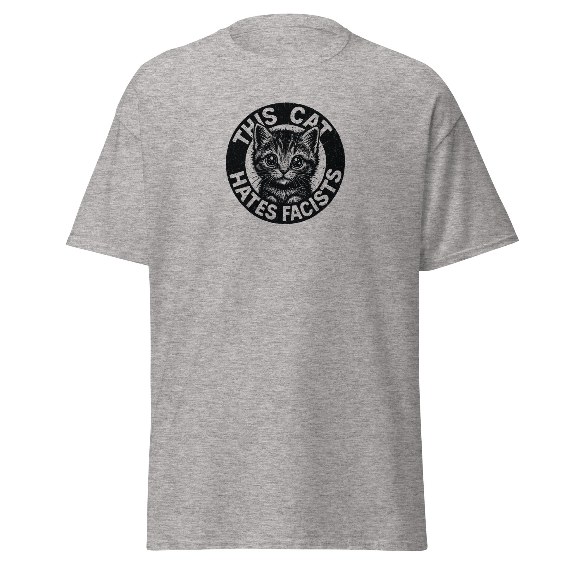 Gray t-shirt with a graphic of a cat and text on a white background