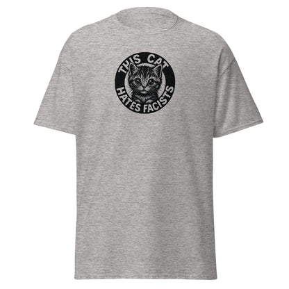 Gray t-shirt with a graphic of a cat and text on a white background
