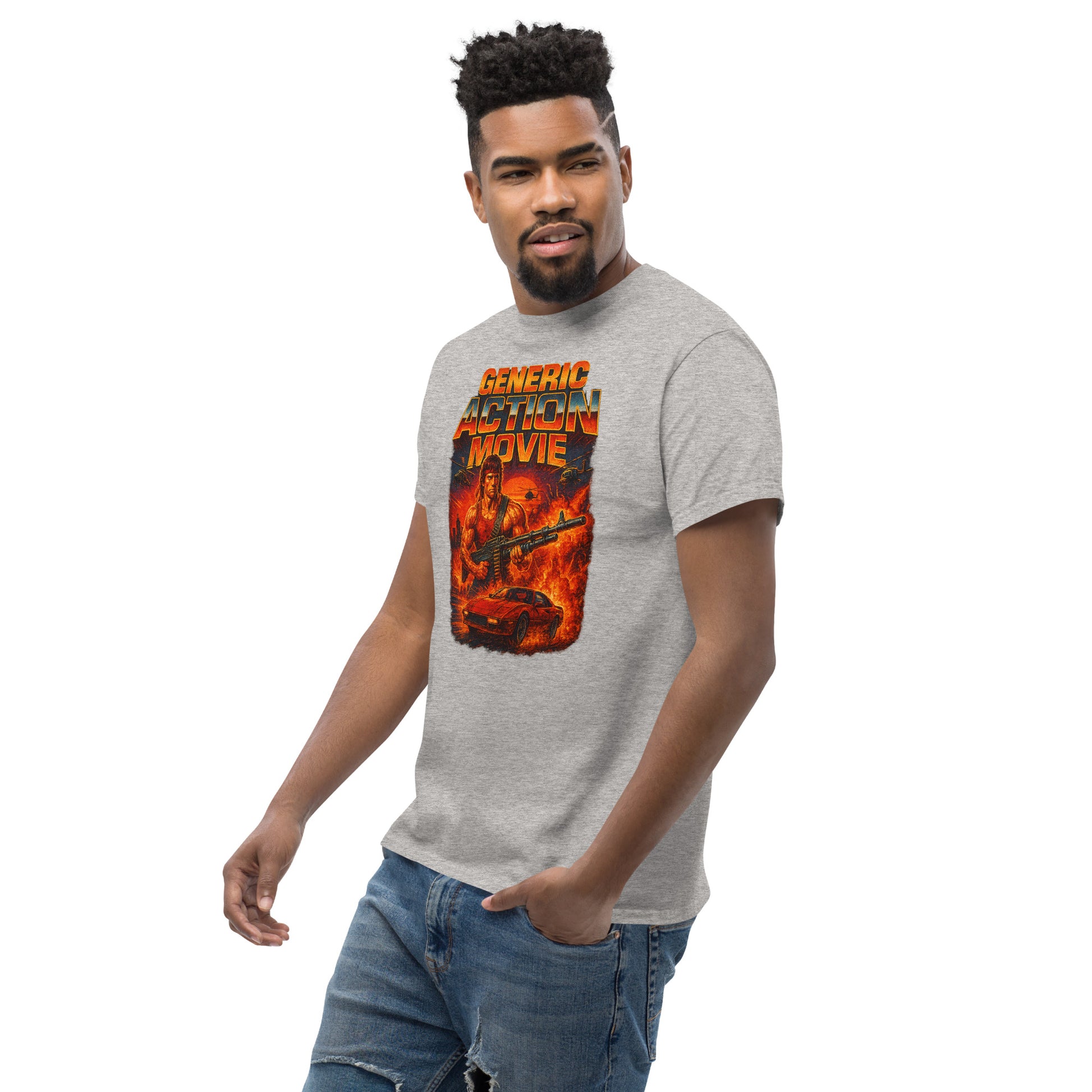 Man wearing a gray t-shirt with a graphic design on a white background