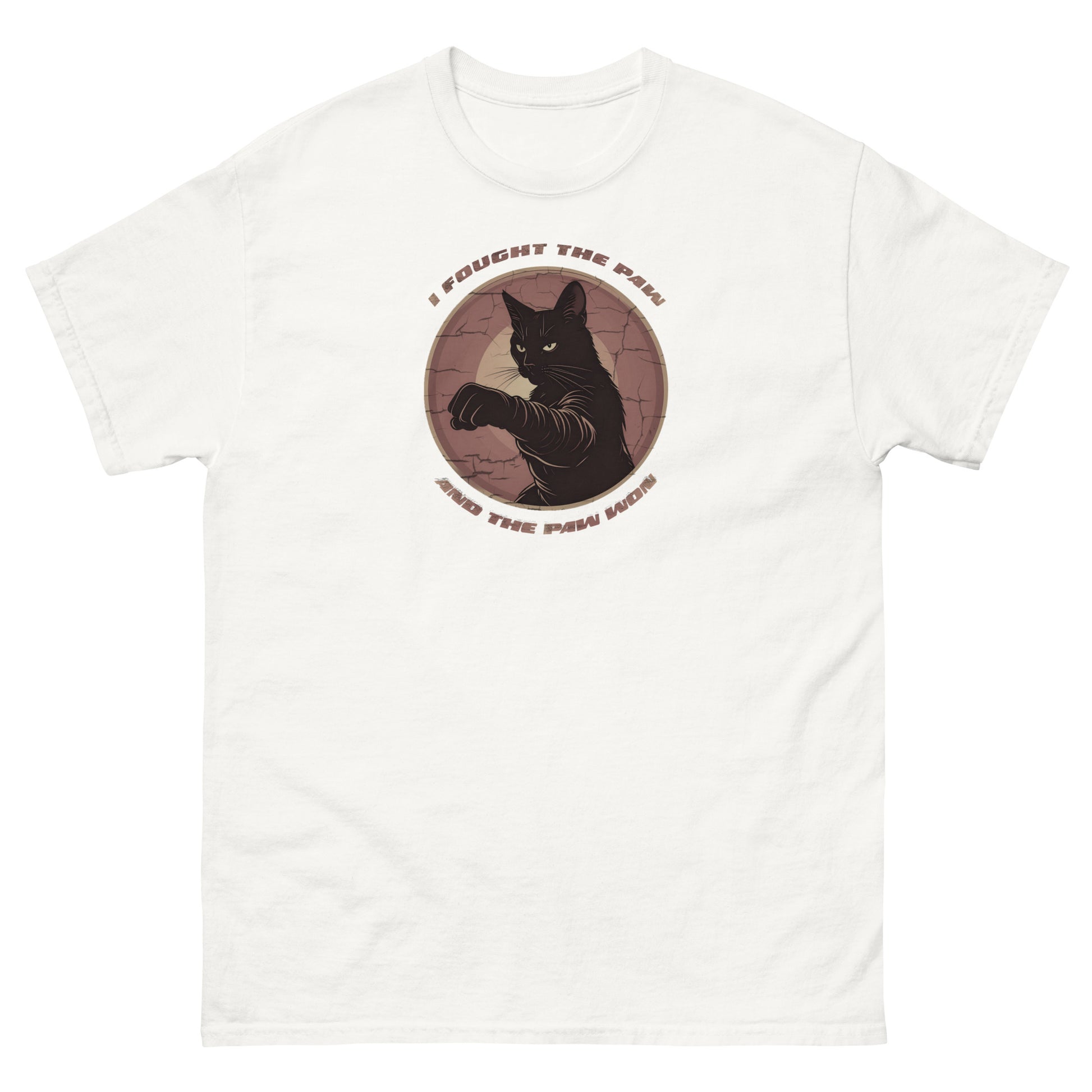 White t-shirt with a black cat graphic and text on a white background