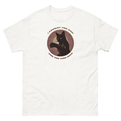 White t-shirt with a black cat graphic and text on a white background