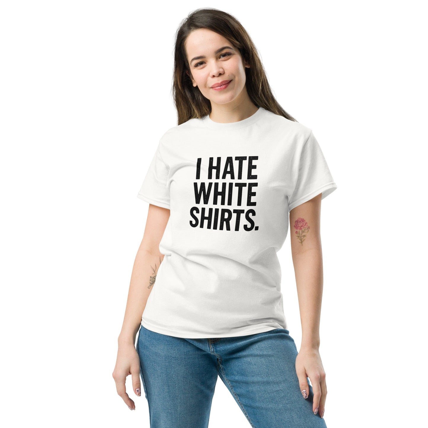 Woman wearing a white t-shirt with 'I Hate White Shirts' text on a white background