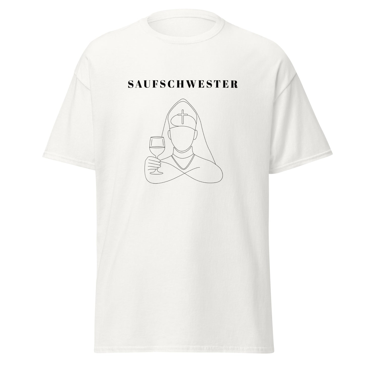 White t-shirt with black graphic design and text on a white background