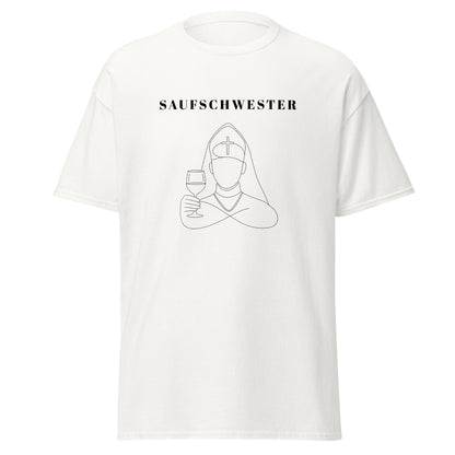 White t-shirt with black graphic design and text on a white background