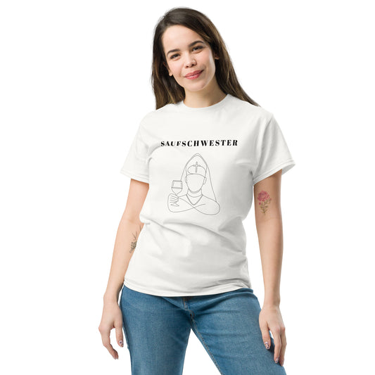 Woman wearing a white t-shirt with a graphic design and text on a white background