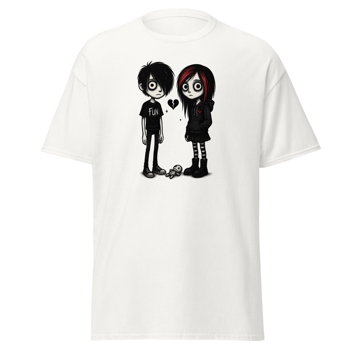White t-shirt with cartoon characters and a heart design on a white background
