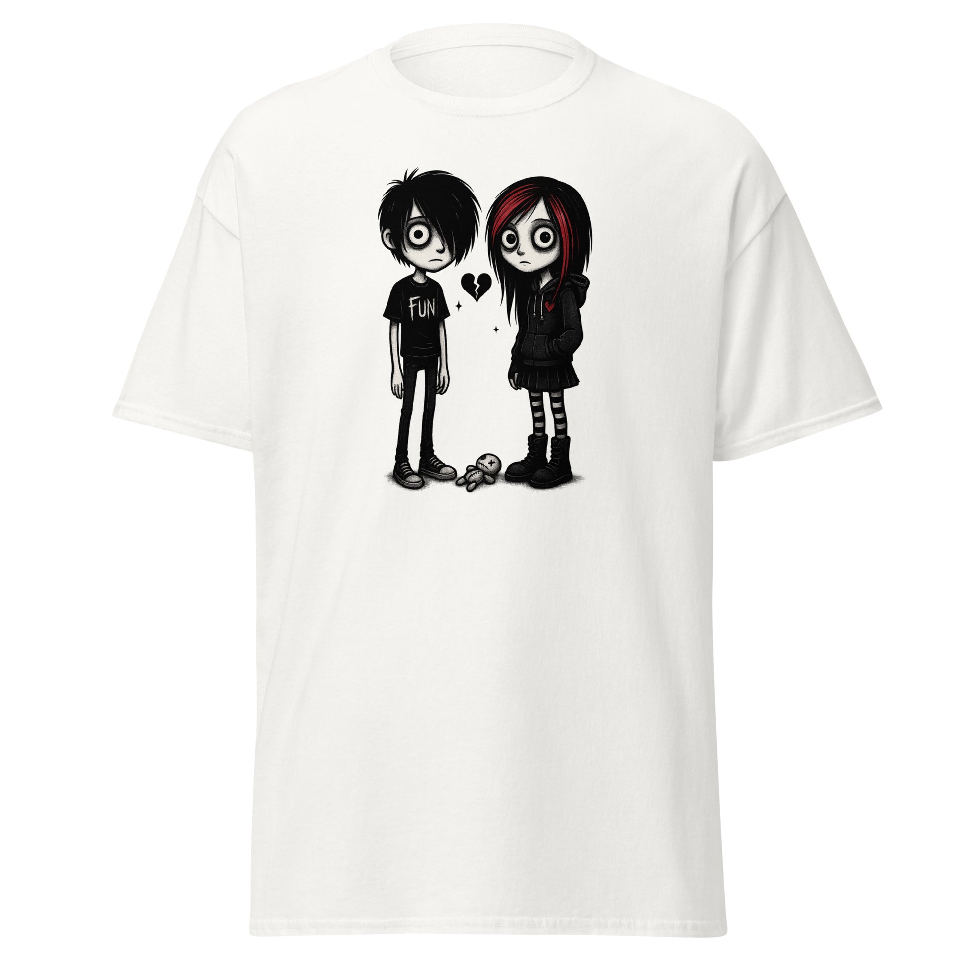 White t-shirt with cartoon characters and a heart design on a white background