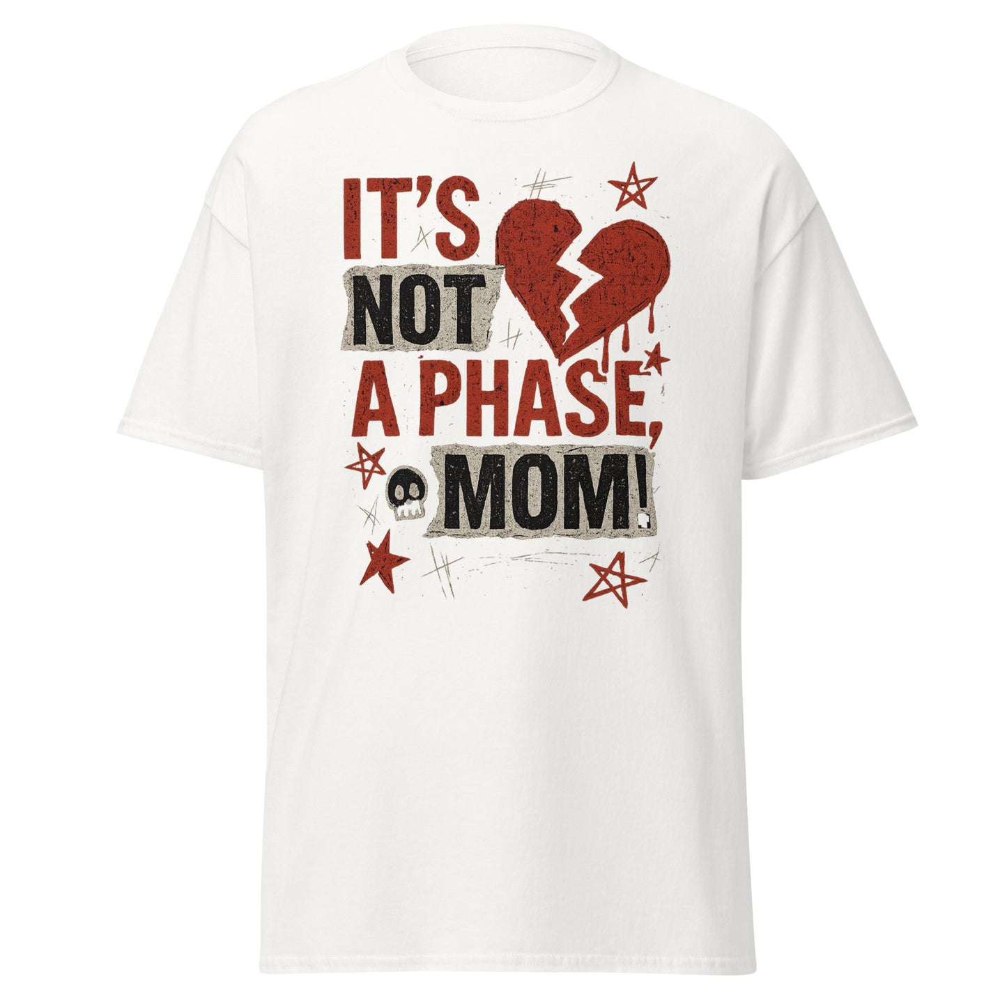 White t-shirt with red and black text and graphics on a white background