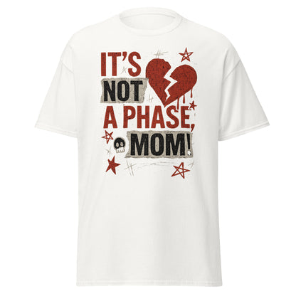 White t-shirt with red and black text and graphics on a white background