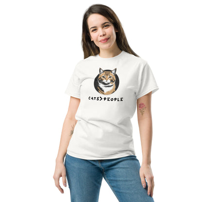 Woman wearing a white t-shirt with a cat graphic and 'cats > people' text on a white background