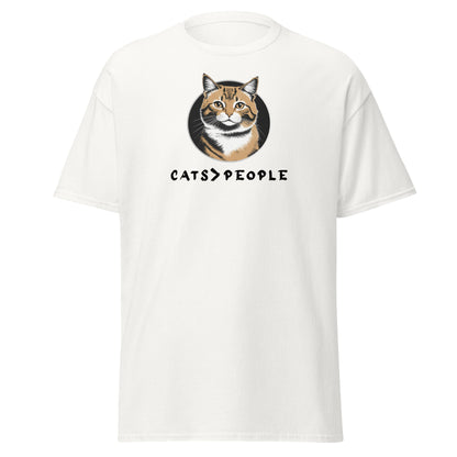 White t-shirt with a cat graphic and 'CATS > PEOPLE' text on a white background