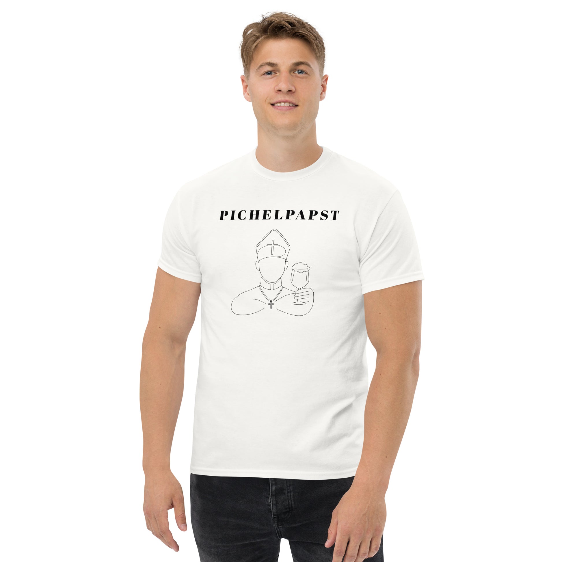 Man wearing a white t-shirt with a graphic and text on a white background