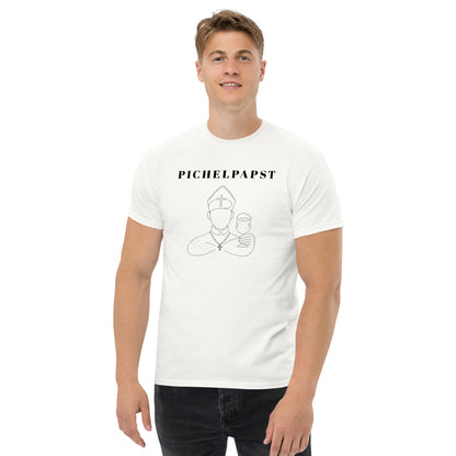 Man wearing a white t-shirt with a graphic and text on a white background