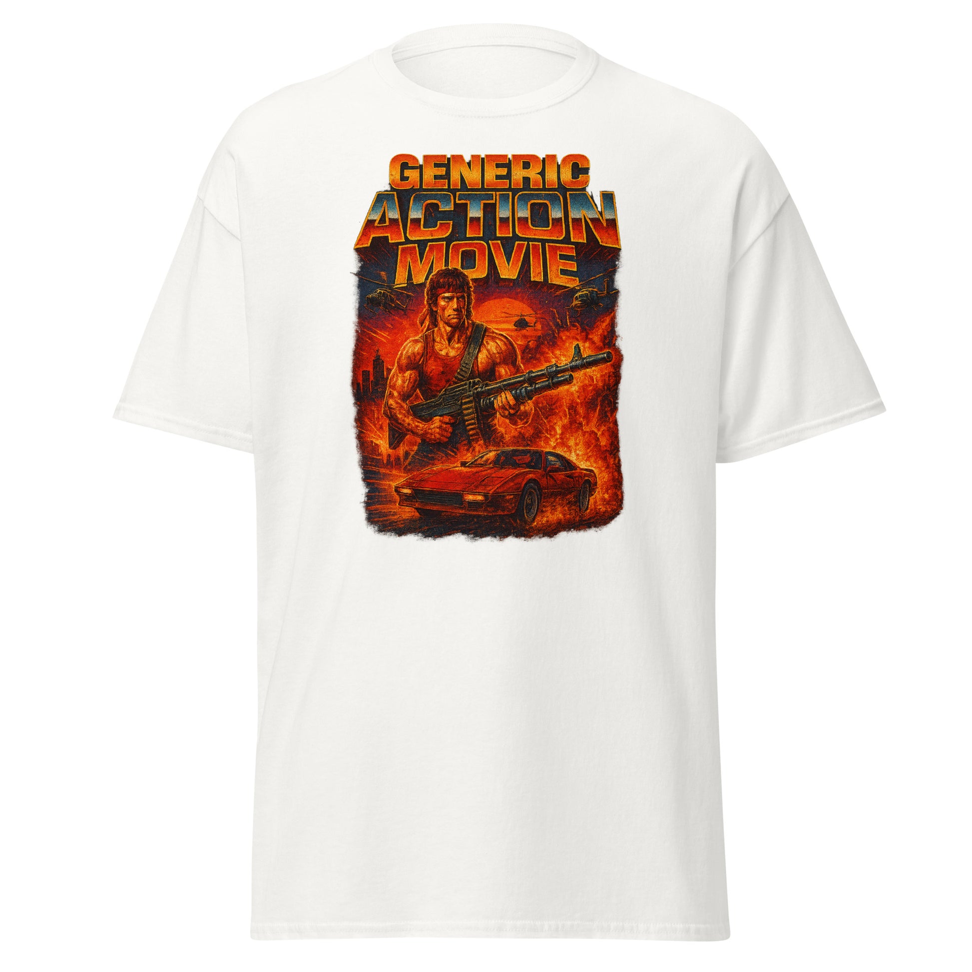 White t-shirt with 'Generic Action Movie' graphic design featuring a character with a gun and car on fire.