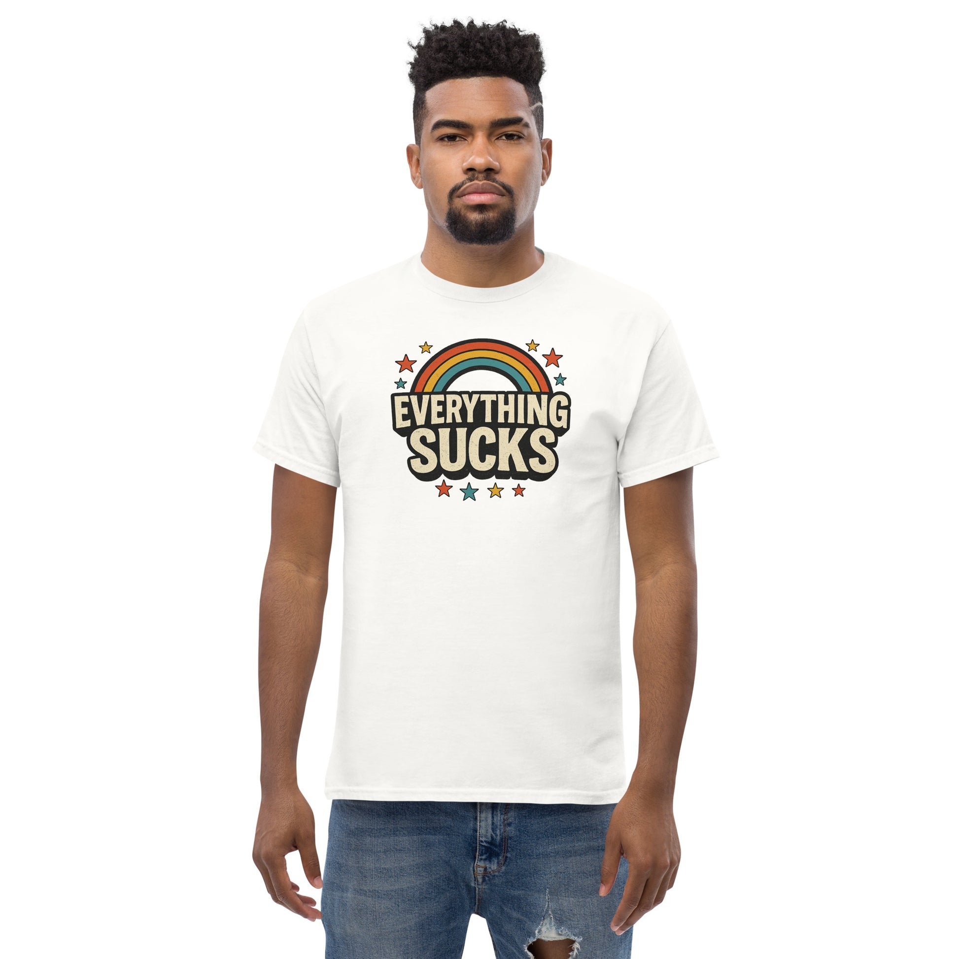 Man wearing a white t-shirt with 'Everything Sucks' graphic design on a white background