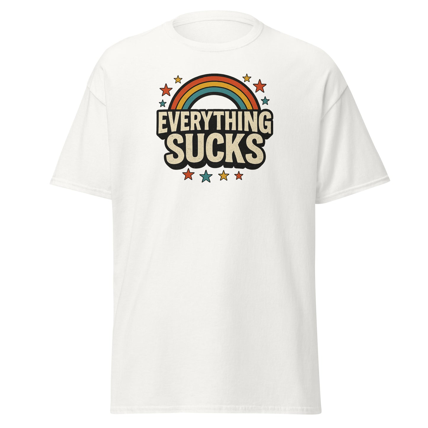 White t-shirt with 'Everything Sucks' graphic design on a white background