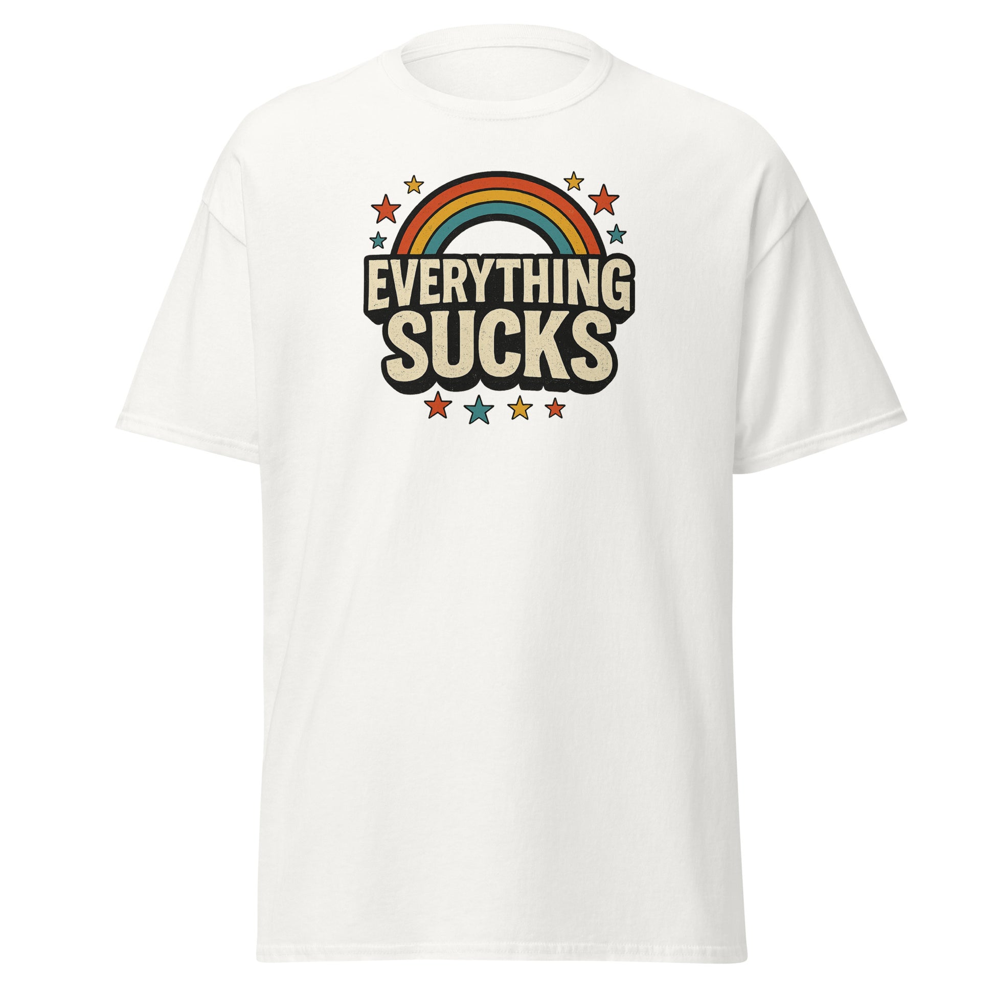 White t-shirt with 'Everything Sucks' graphic design on a white background