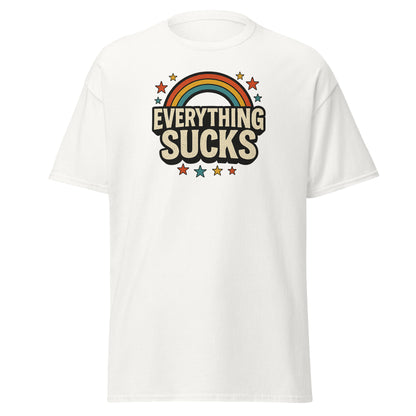 White t-shirt with 'Everything Sucks' graphic design on a white background