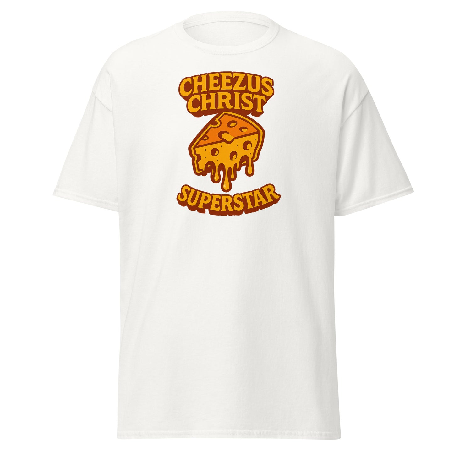 White t-shirt with 'Cheezus Christ Superstar' graphic design on a white background