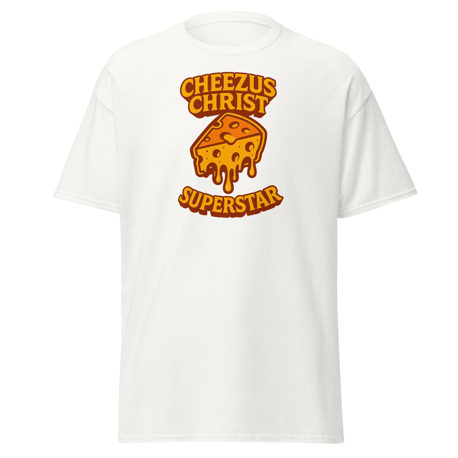 White t-shirt with 'Cheezus Christ Superstar' graphic design on a white background