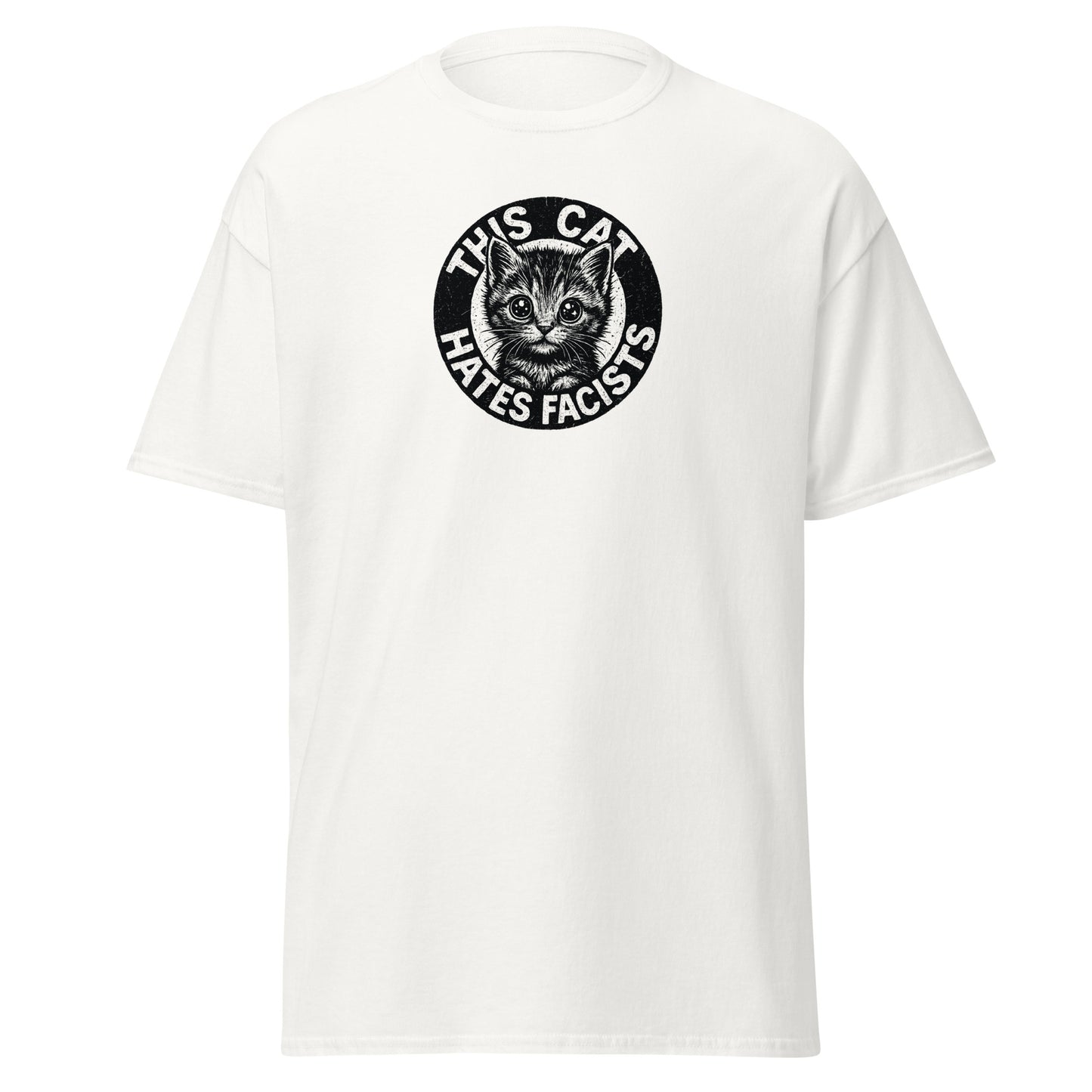 White t-shirt with a graphic of a cat and text on a white background