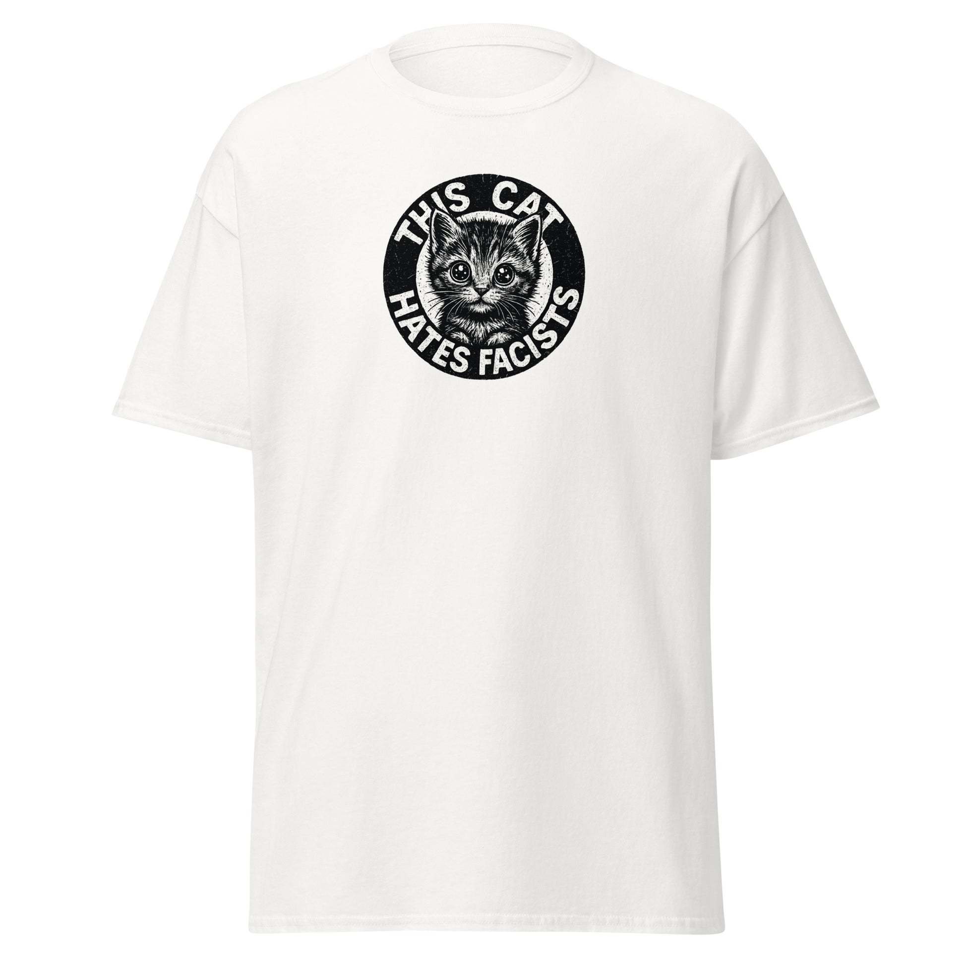 White t-shirt with a graphic of a cat and text on a white background