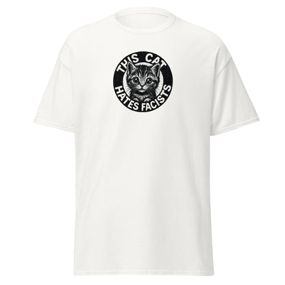 White t-shirt with a graphic of a cat and text on a white background