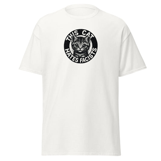 White t-shirt with a graphic of a cat and text on a white background