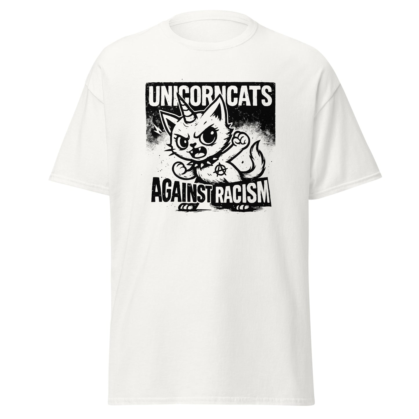 White shirt with a unicorncat and the slogan "Unicorncats against racism"