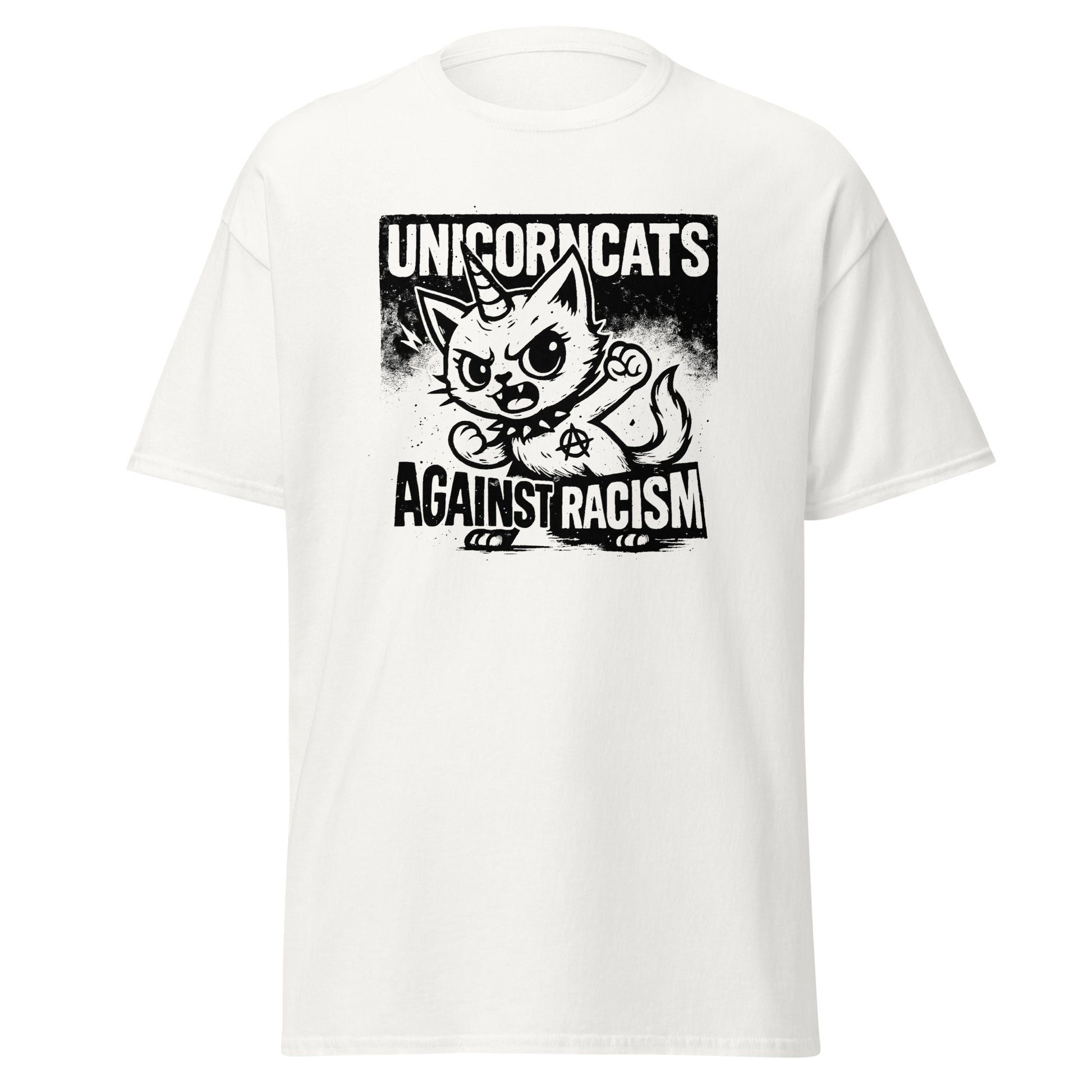 White shirt with a unicorncat and the slogan "Unicorncats against racism"