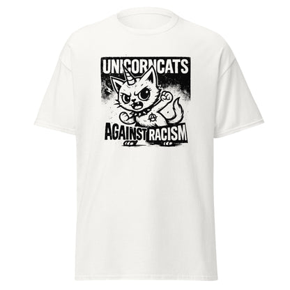 White shirt with a unicorncat and the slogan "Unicorncats against racism"
