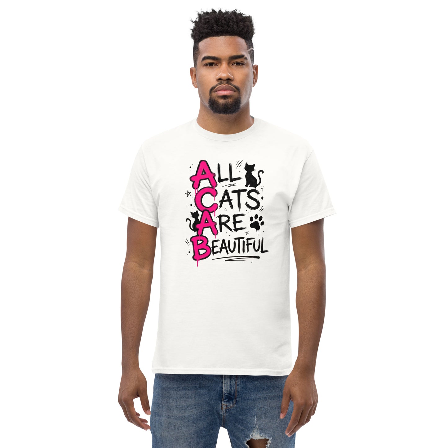 Man wearing a white t-shirt with 'All Cats Are Beautiful' text and graphics on a white background