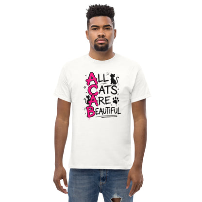 Man wearing a white t-shirt with 'All Cats Are Beautiful' text and graphics on a white background