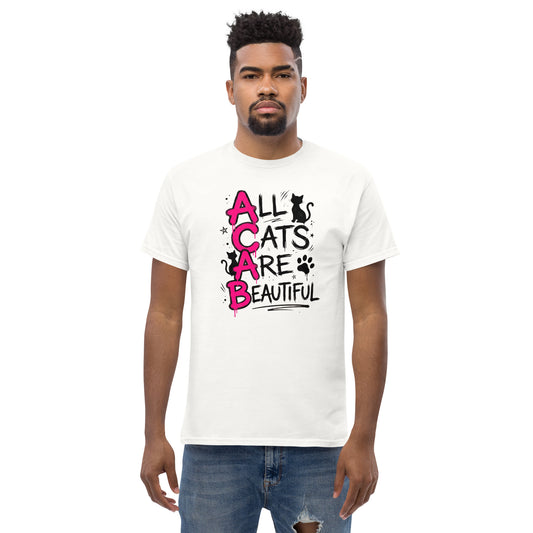 Man wearing a white t-shirt with 'All Cats Are Beautiful' text and graphics on a white background
