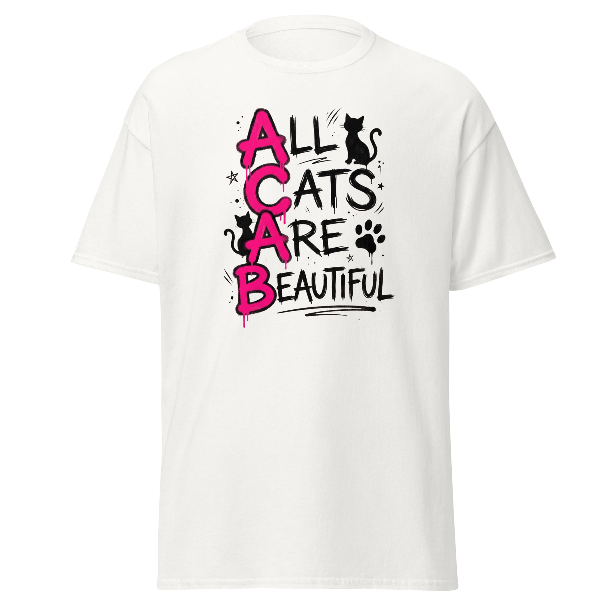 White t-shirt with 'All Cats Are Beautiful' text and cat graphics on a white background