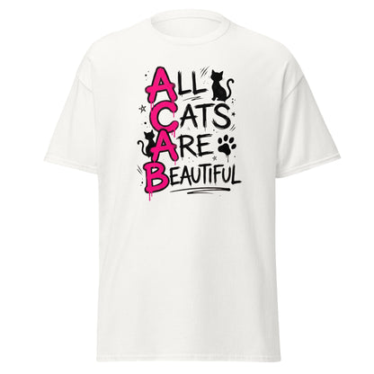 White t-shirt with 'All Cats Are Beautiful' text and cat graphics on a white background
