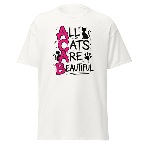 White t-shirt with 'All Cats Are Beautiful' text and cat graphics on a white background