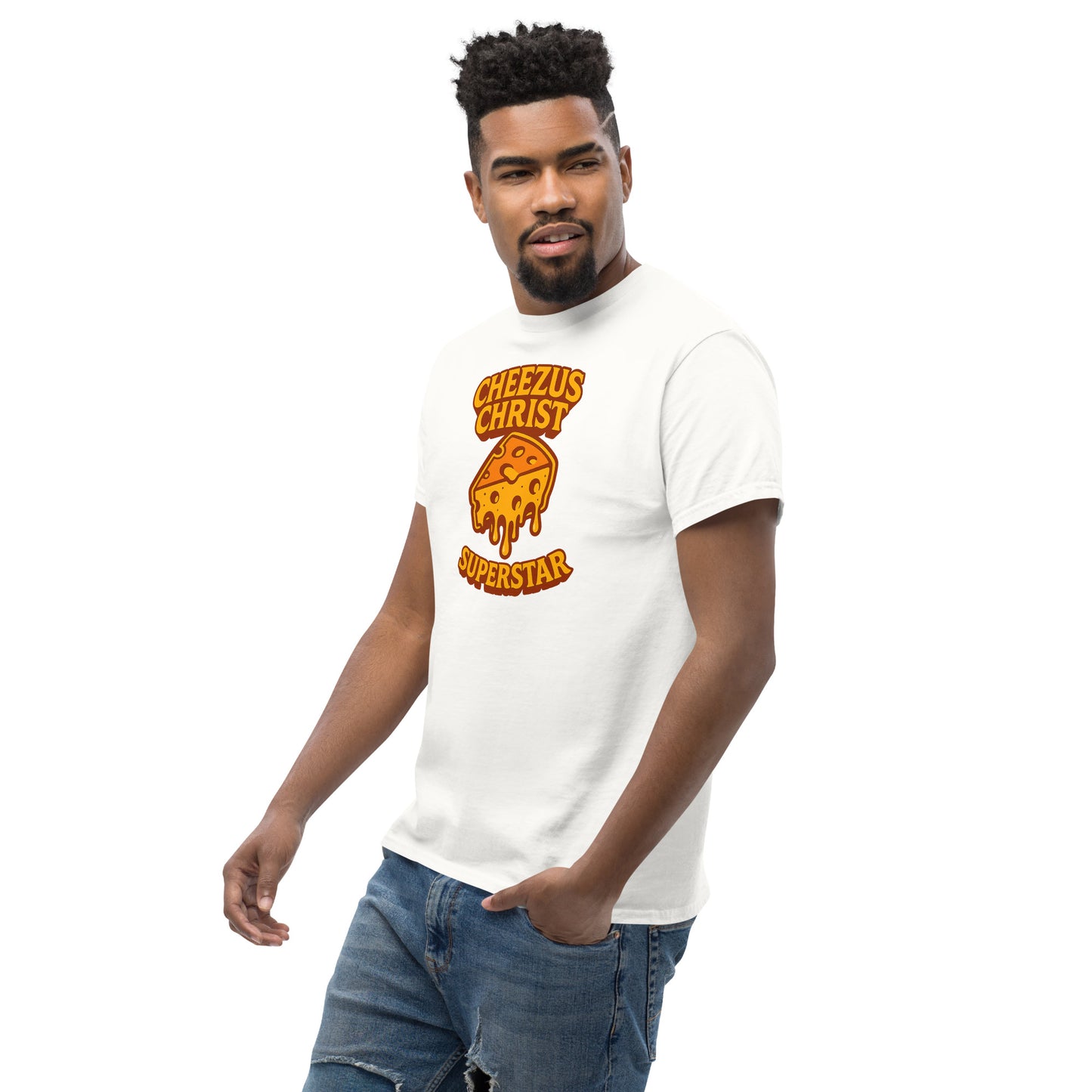 Man wearing a white t-shirt with a graphic design on a white background