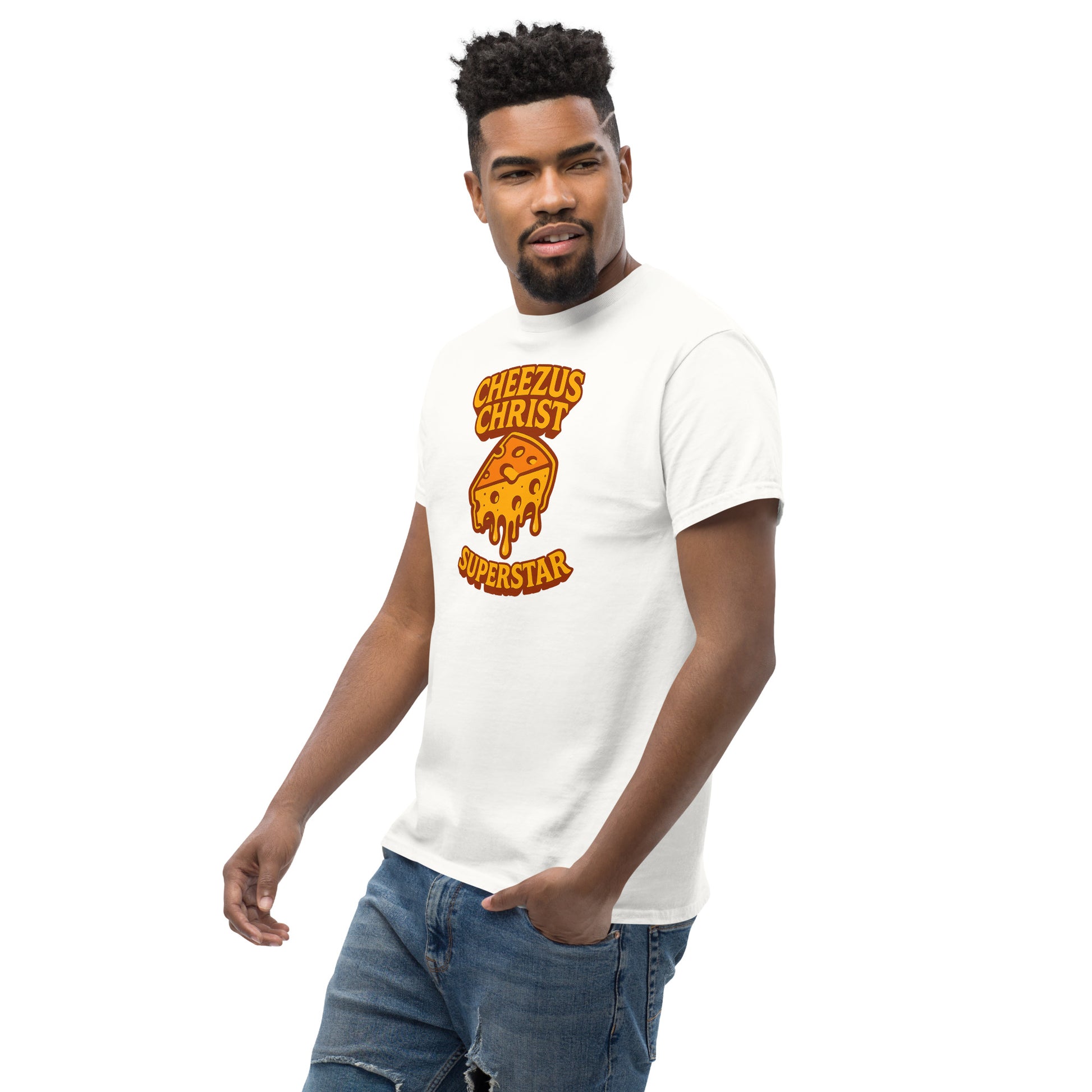 Man wearing a white t-shirt with a graphic design on a white background
