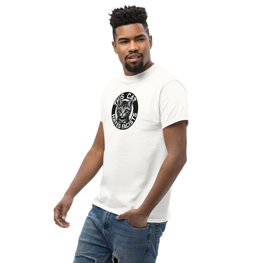 Man wearing a white t-shirt with a graphic design on a white background